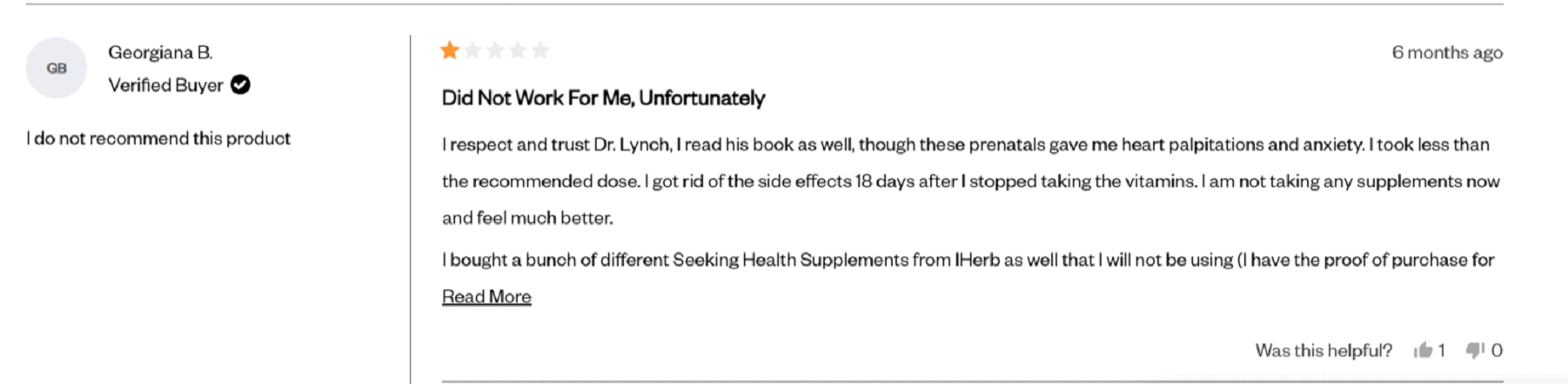 Customer bad review about Seeking Health product