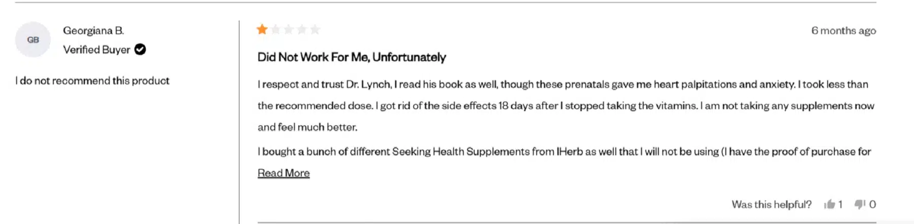 Customer bad review about Seeking Health product